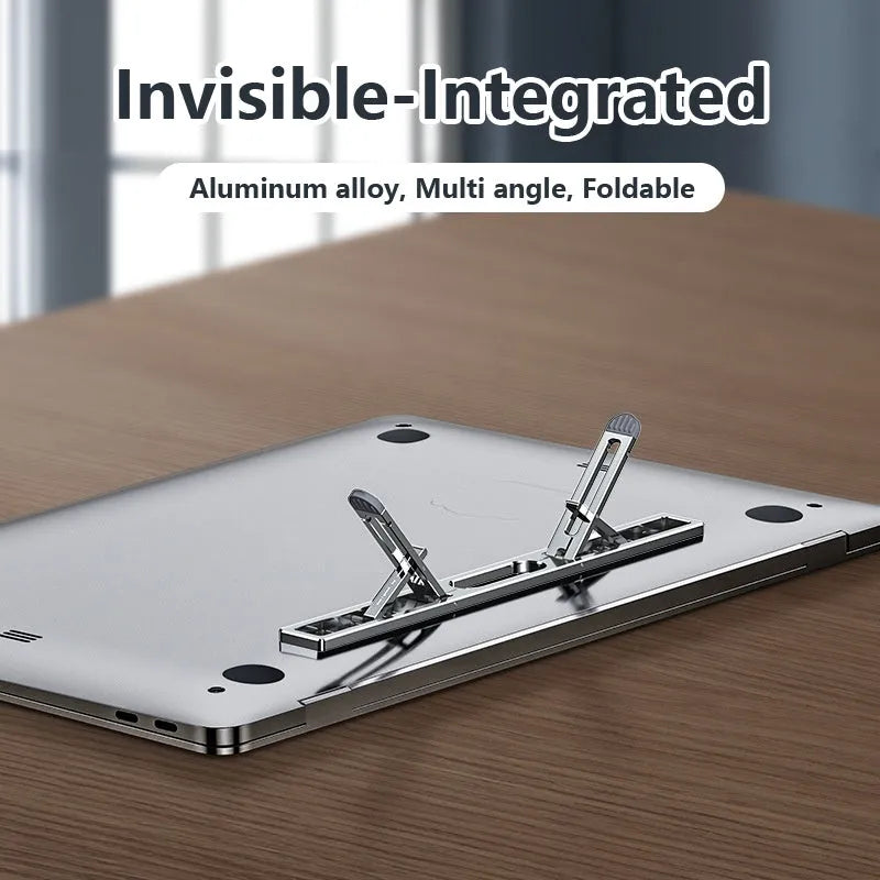 Aluminum alloy laptop cooling stand in dark grey or silver on a desk