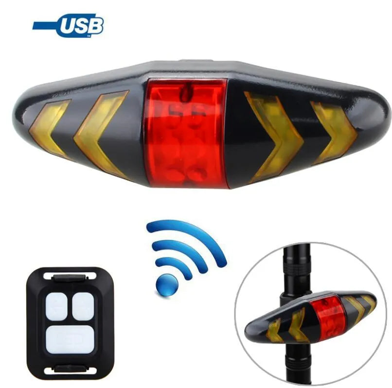 Wireless remote control bicycle taillight with directional indicators, IPX2 waterproof, black colour, installed on bicycle seat post