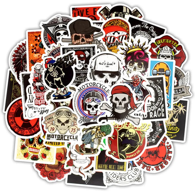 Skull head doodle sticker set of 50, PVC, waterproof, die-cut, multi-colour on white background
