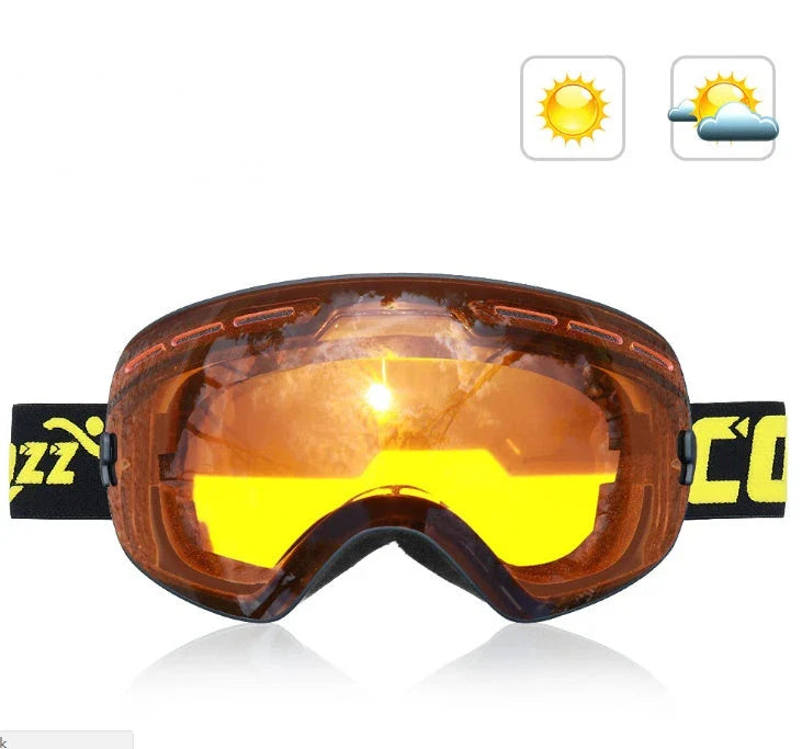 Premium ski goggles with wide spherical lens, anti-fog coating, and adjustable strap for winter sports activities