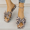 Women's bow leopard print square toe sandals with cloth upper and rubber sole in sizes 36 to 43