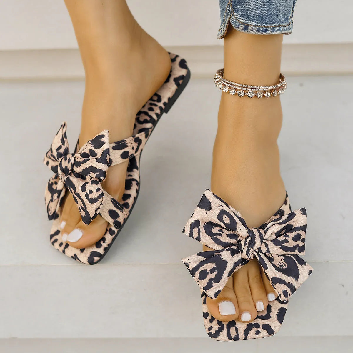Women's bow leopard print square toe sandals with cloth upper and rubber sole in sizes 36 to 43