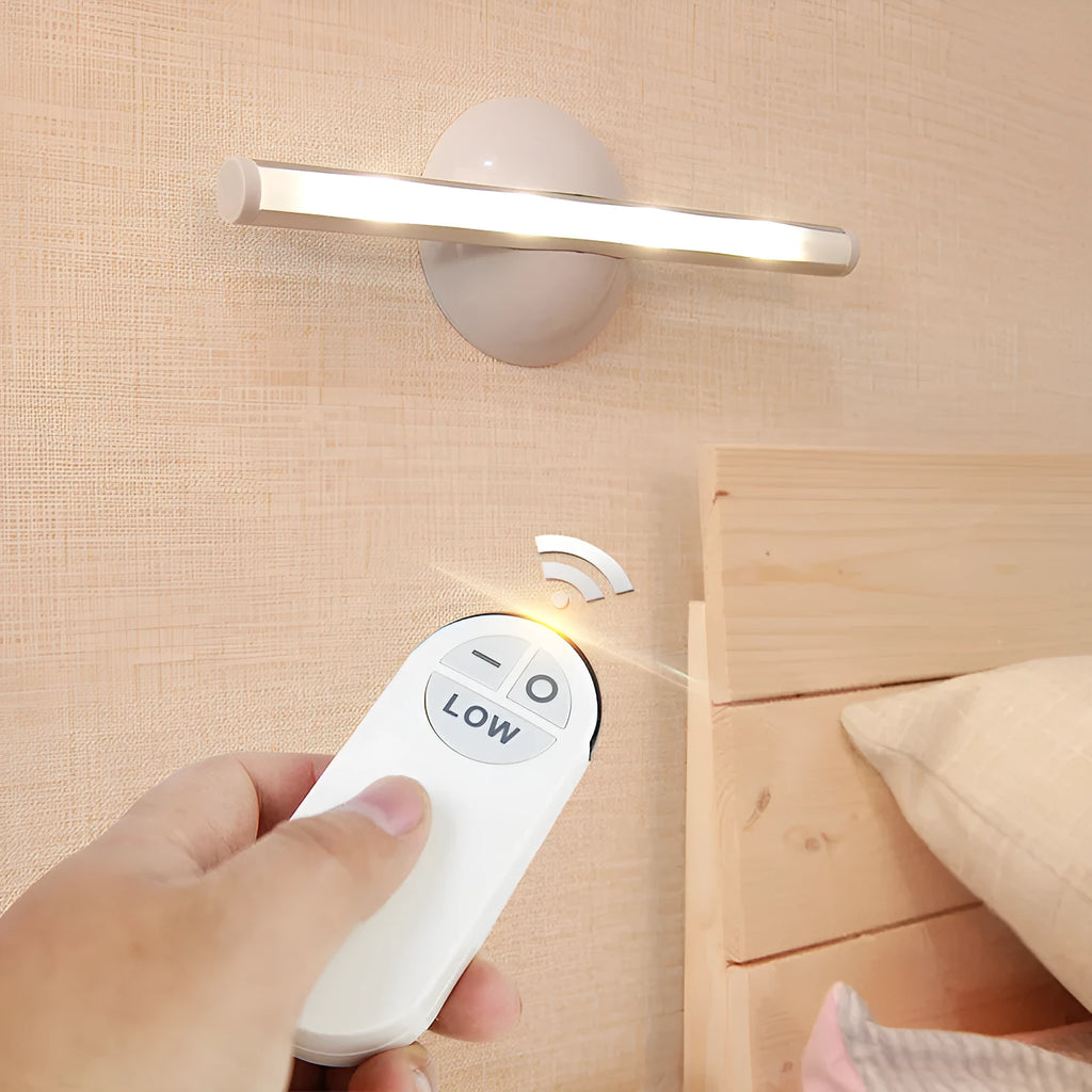 LED mirror lamp with remote control showing dimmable white illumination around vanity mirror