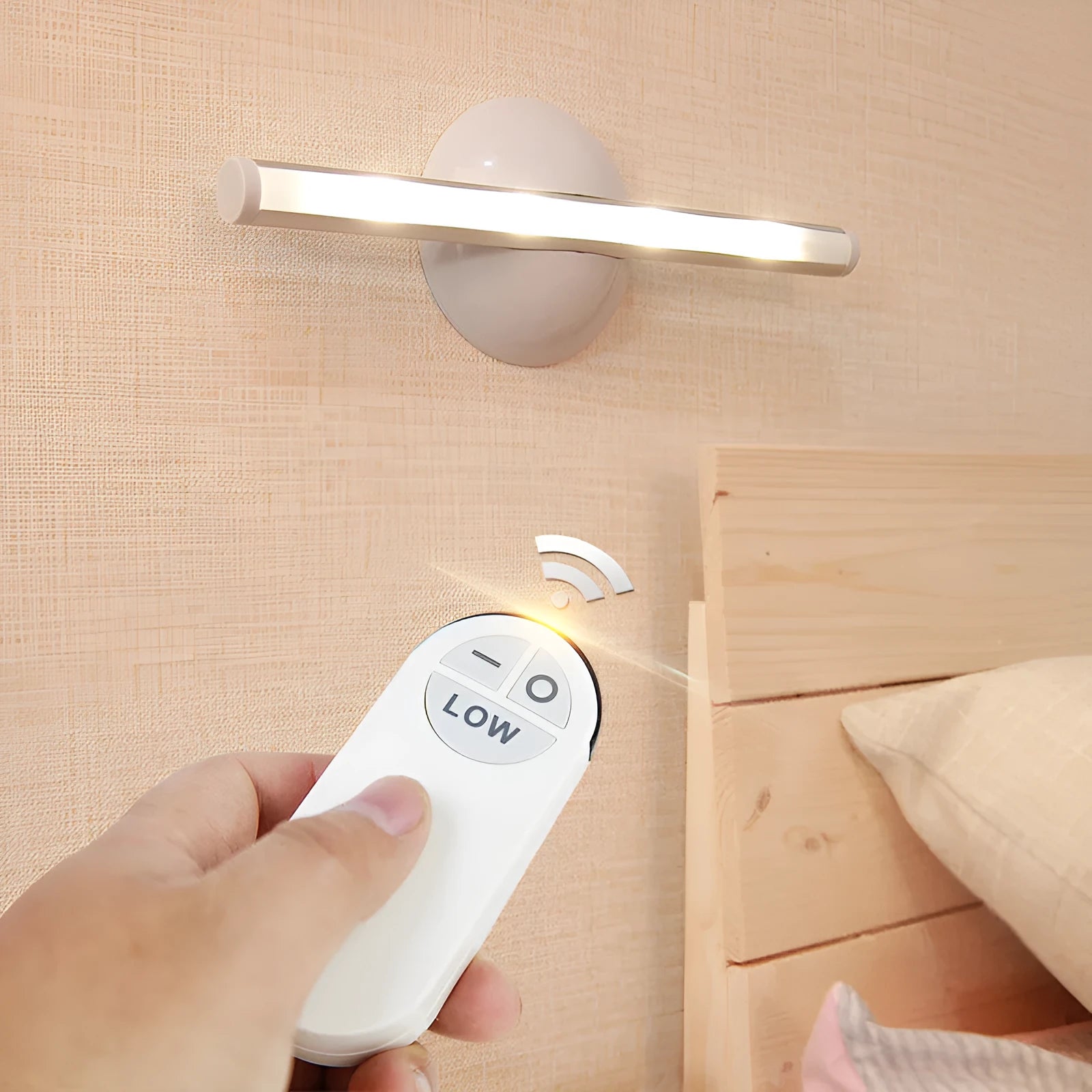 LED mirror lamp with remote control showing dimmable white illumination around vanity mirror