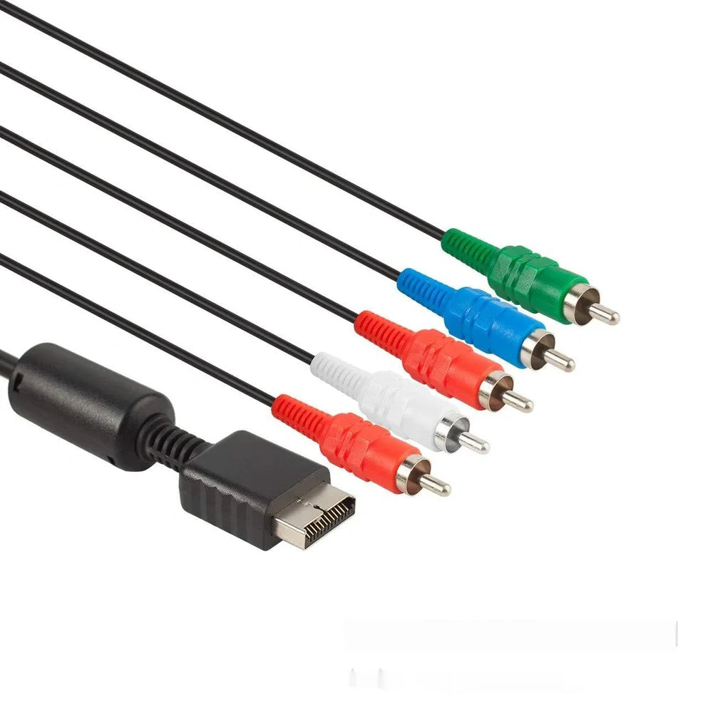 Black PlayStation component cable with nickel-plated connectors measuring 1.8m long