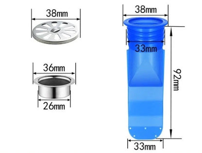 Blue silicone floor drain deodorant anti-overflow device measuring 180x120x40 mm