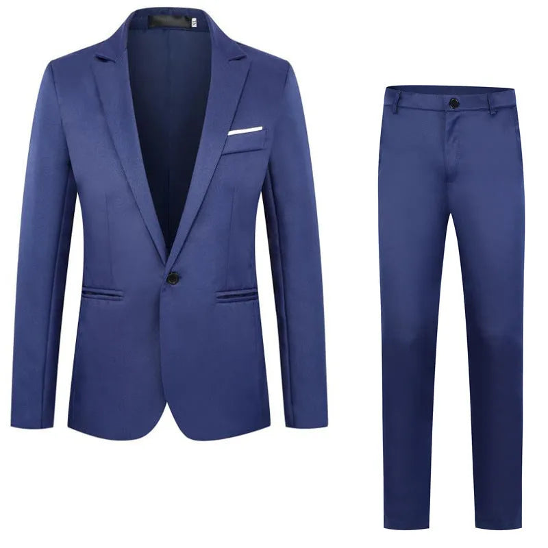 Men's loose-fit acetate fibre wedding suit jacket shown in multiple colours including black, blue, and wine red.