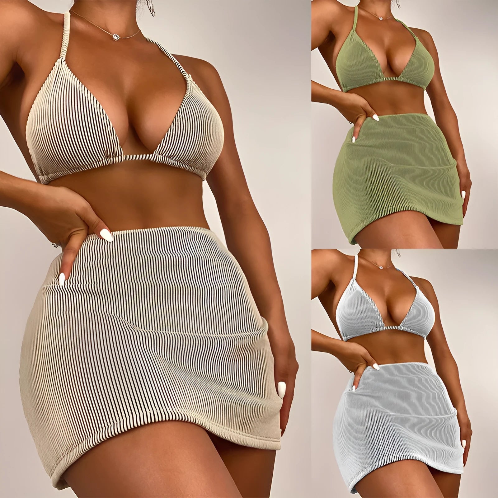 Three-piece ribbed fabric bikini swimsuit set on a hanger