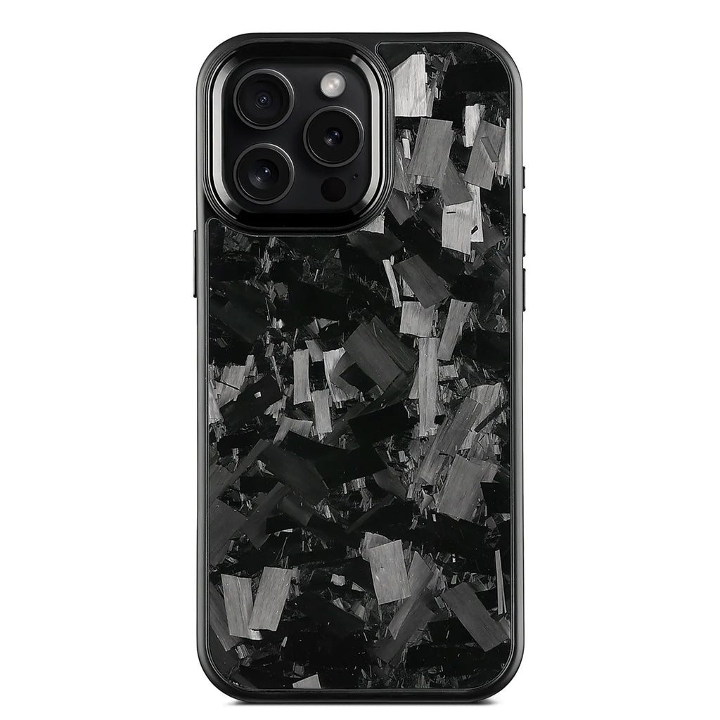 Forged pattern metal frame and carbon fibre protective case for iPhone 17, shown in black frame blue gold colour with magnetic feature.