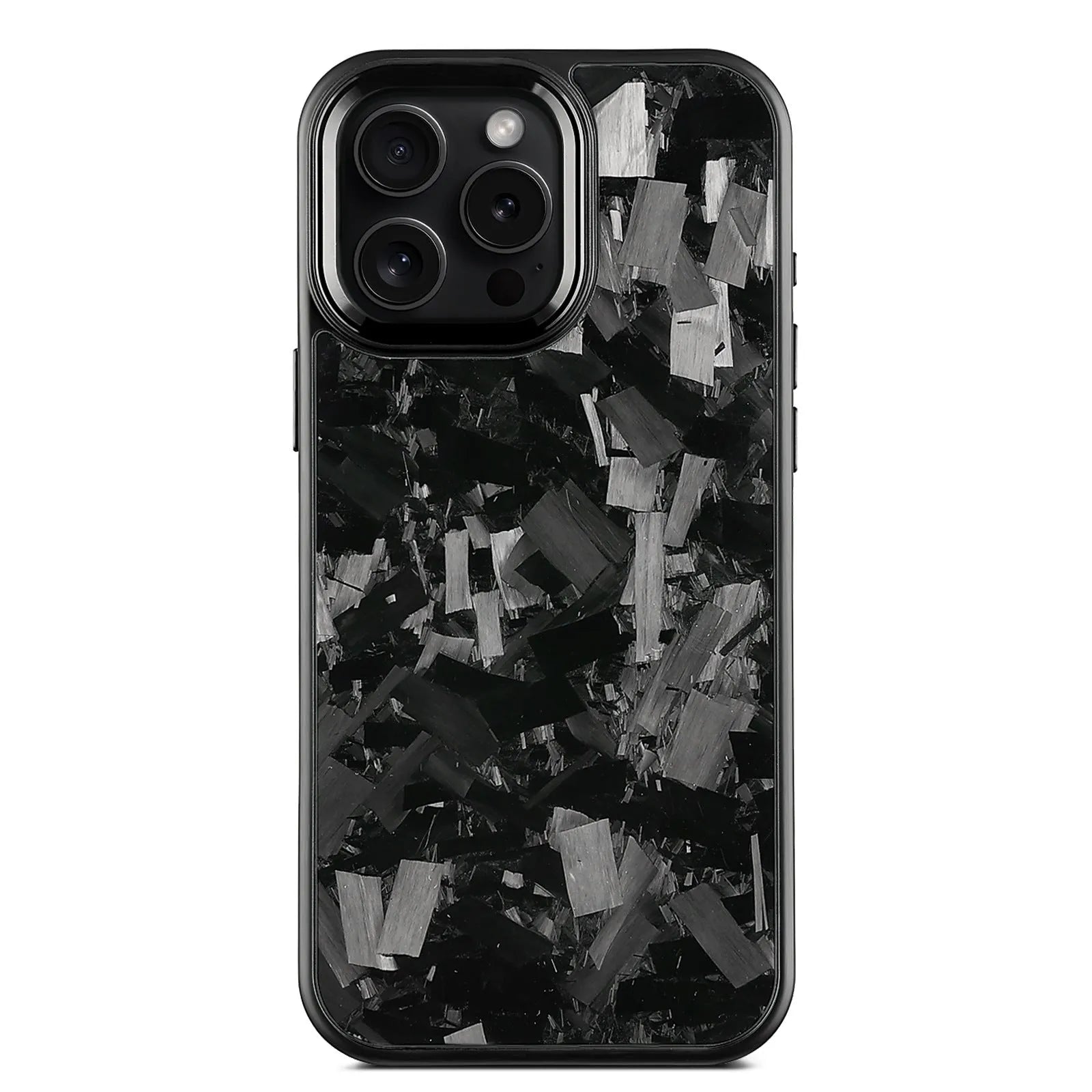 Forged pattern metal frame and carbon fibre protective case for iPhone 17, shown in black frame blue gold colour with magnetic feature.