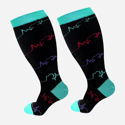 Plus-size compression socks in various stylish patterns for improved leg health and comfort