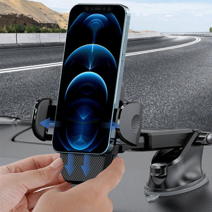 Gravity-activated car phone mount with enhanced suction cup attached to windshield holding smartphone