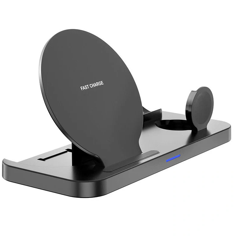 Black 3-in-1 wireless fast charger showing iPhone, Apple Watch and AirPods charging simultaneously on 210mm × 130mm surface