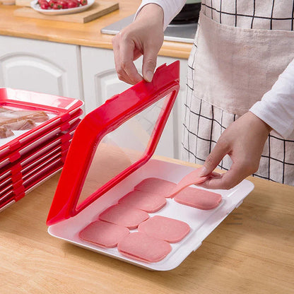 Reusable food storage trays with innovative buckle design to keep meat, fruit, and vegetables fresh in the Kiwi kitchen