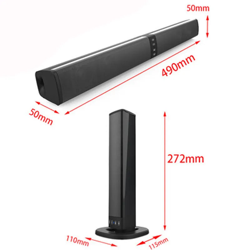 Black foldable split Bluetooth speaker showing dual speaker units with dimensions 490mm x 50mm x 50mm