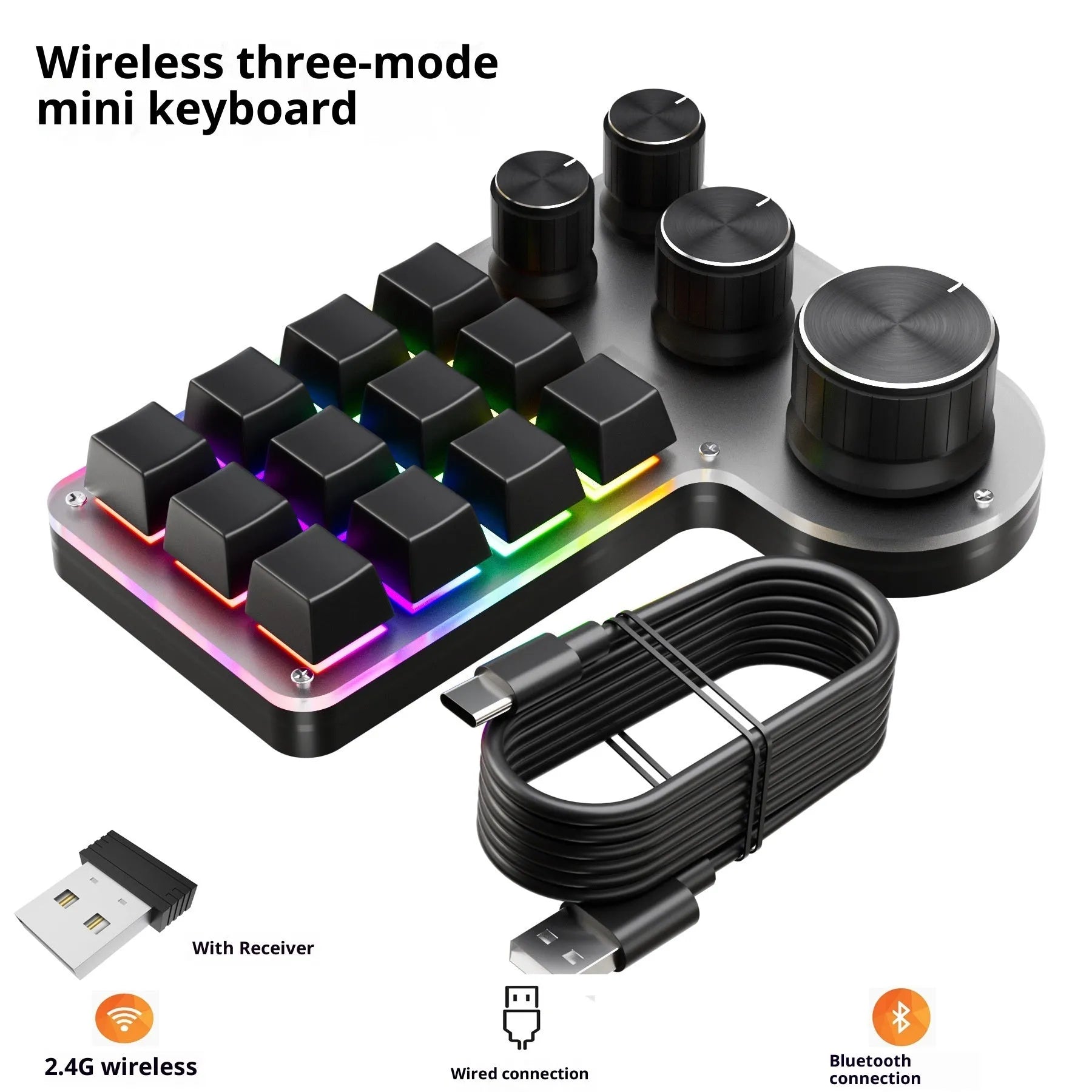 Custom mechanical keypad with 12 keys and 4 knobs, red axis switches, black housing, USB connection