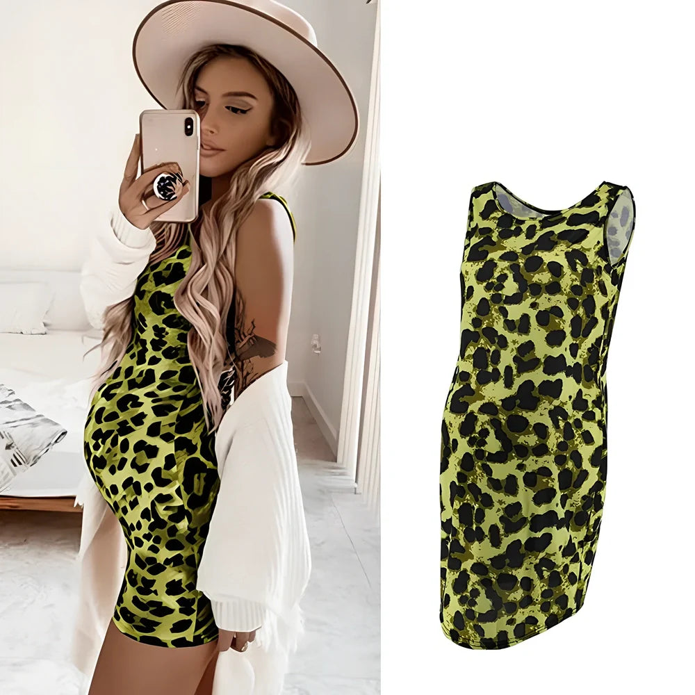 Sleeveless leopard print maternity dress in navy blue, loose waist MIDI length for pregnant women, polyester fabric with V-neck
