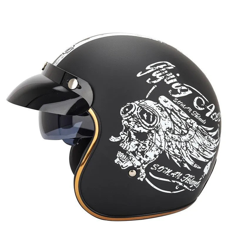 Retro style half helmet for motorcycle or electric scooter riding, shown in a vintage graphic colour option.