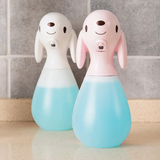 Cartoon soap dispenser with auto storage and infrared sensing in pink and white