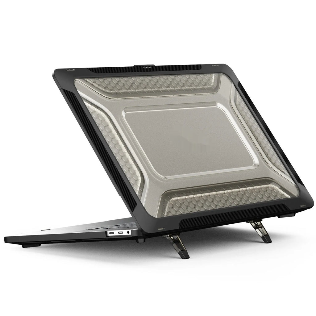 Hard protective shell case for MacBook laptop in cool black, starry grey, apricot, and blue colour options.