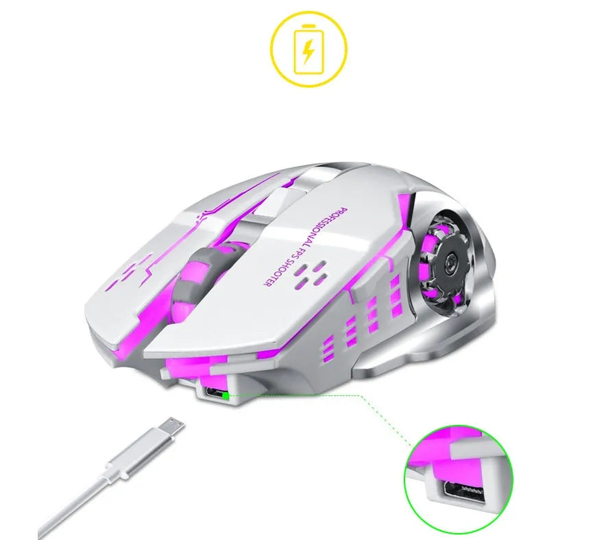 Wireless charging mouse with silent clicks in black or white, showing six buttons and USB connector