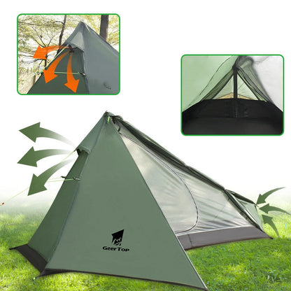 Green poleless camping tent with right opening showing interior 220cm length and 115cm height