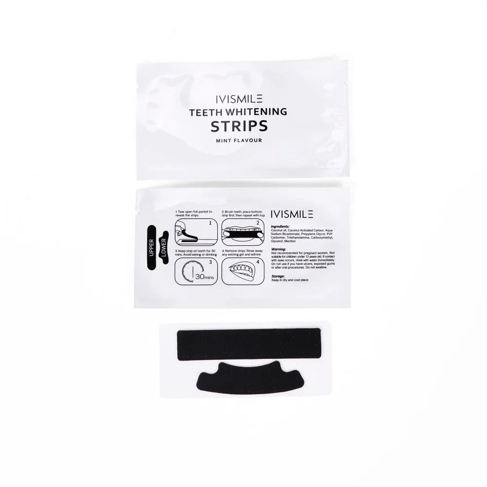 Teeth whitening strips in aluminium film packet with coconut activated carbon and sodium bicarbonate