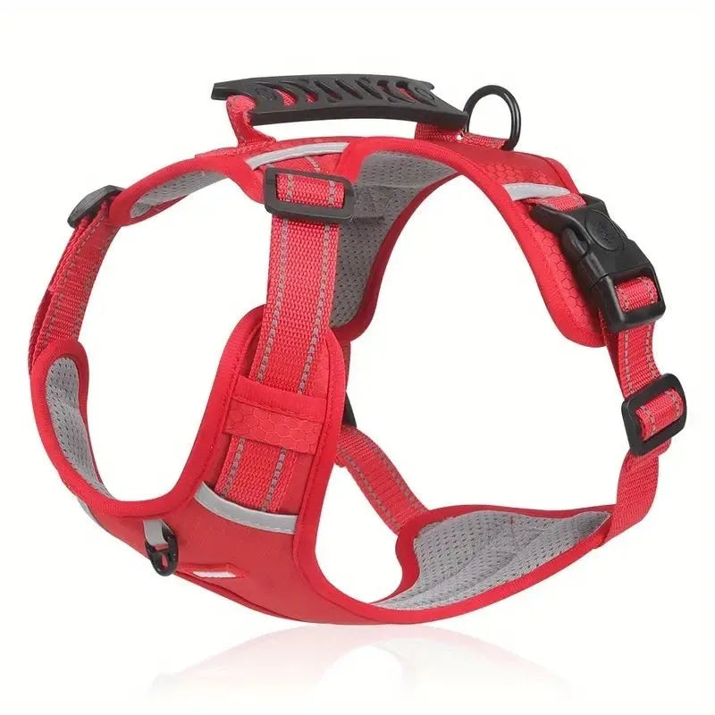 Polyester dog chest harness and lead in multiple colours and sizes for secure pet walking.