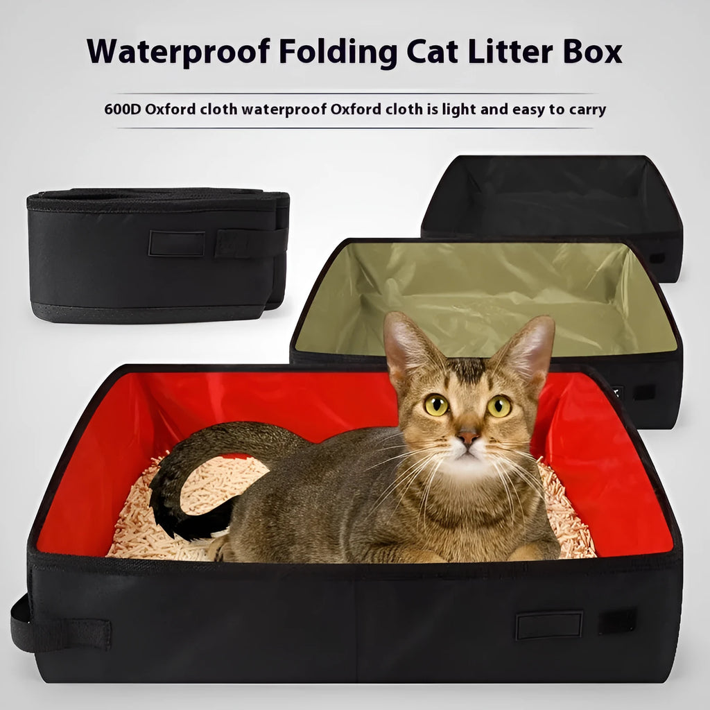 Portable foldable litter box in black Oxford cloth for cats, flat design with open top.