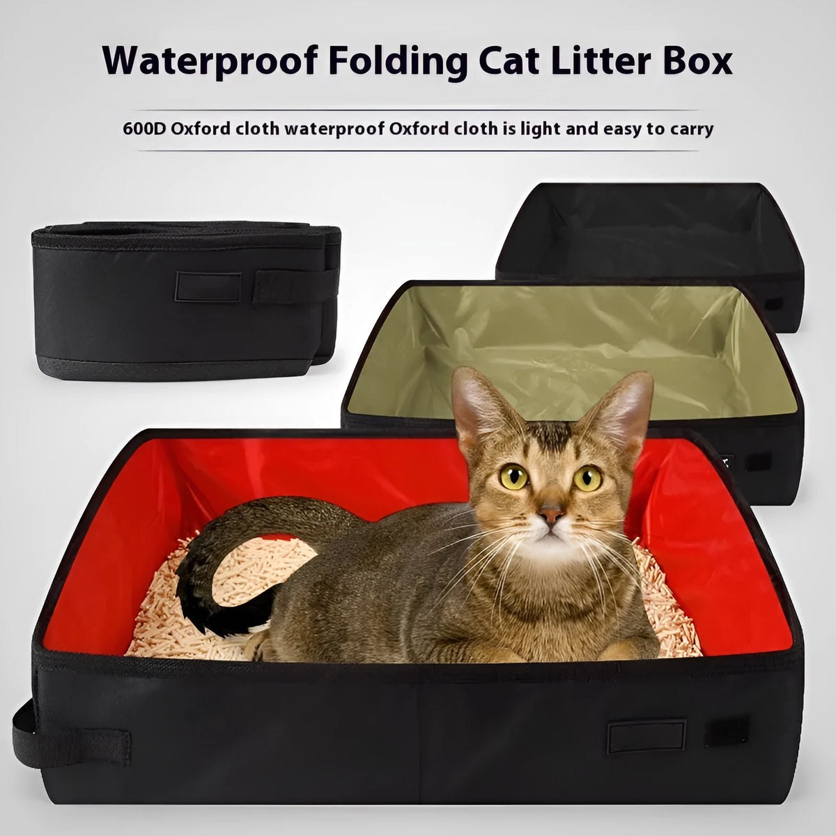 Portable foldable litter box in black Oxford cloth for cats, flat design with open top.