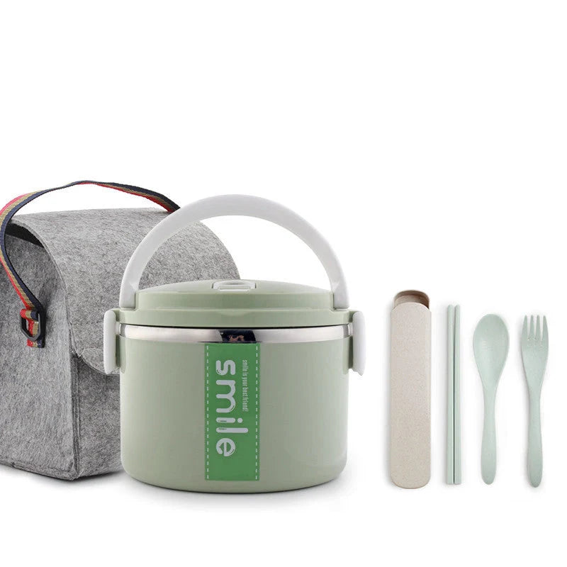 Stainless steel lunch box with built-in spoon, leak-proof design, in green, pink, and blue