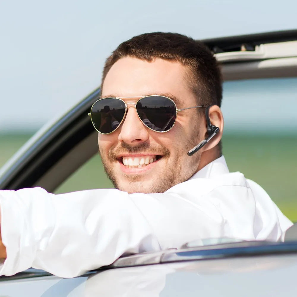 Black wireless Bluetooth headset with true wireless stereo technology and noise cancellation features