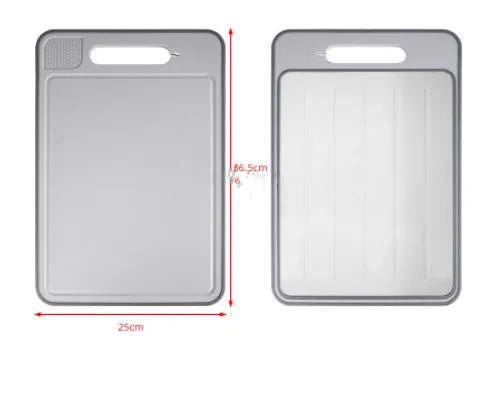 Grey square aluminium cutting board with grinding teeth and integrated knife sharpener