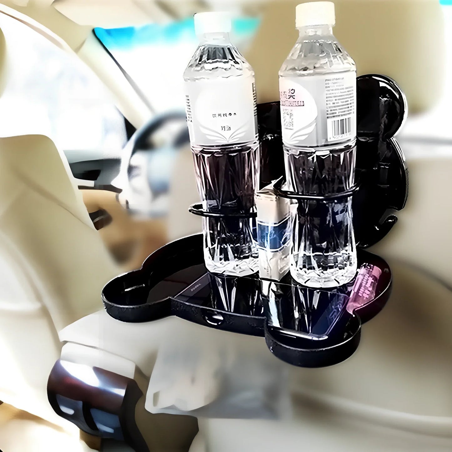 White child car seat table with 20x23.5cm surface and side hooks mounted on vehicle seat