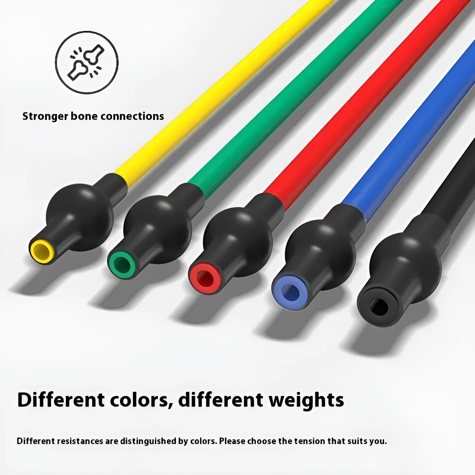 TPE tension rope chest expander showing five colour options: yellow, green, red, blue, and black representing different resistance levels