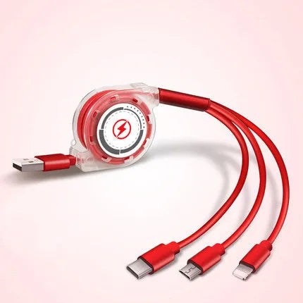 Black telescopic charging cable extended to full length showing three different connector types