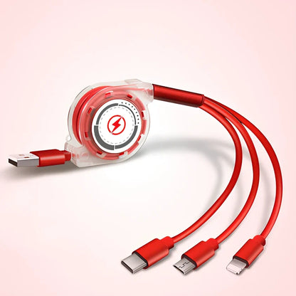 Black 3-in-1 telescopic charging cable extended to 120cm with three titanium alloy connectors for multi-device use