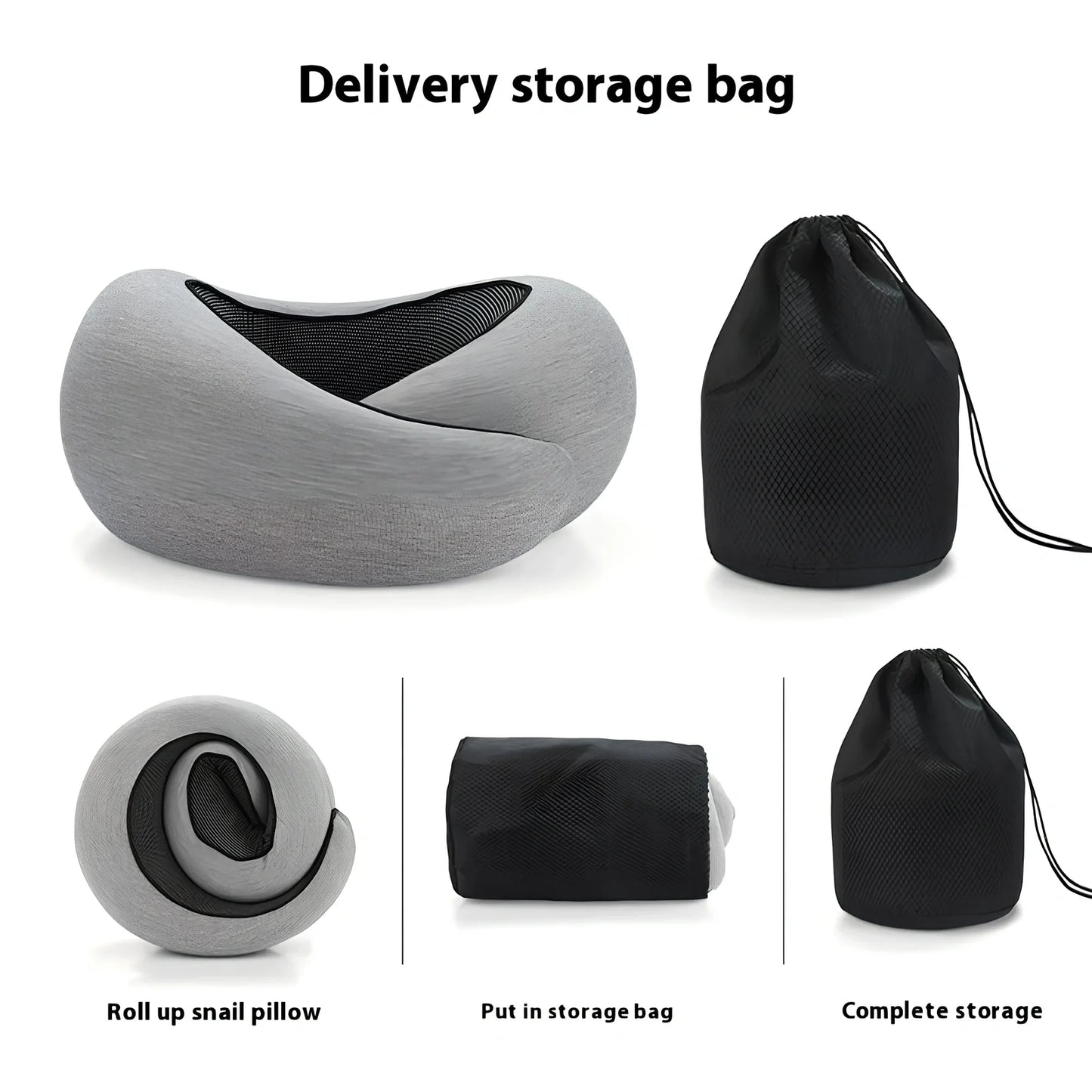 Dark gray adjustable U-shaped memory foam neck pillow with Velcro closure and storage bag, 30cm high for travel support