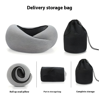 Dark gray adjustable U-shaped memory foam neck pillow with Velcro closure and storage bag, 30cm high for travel support