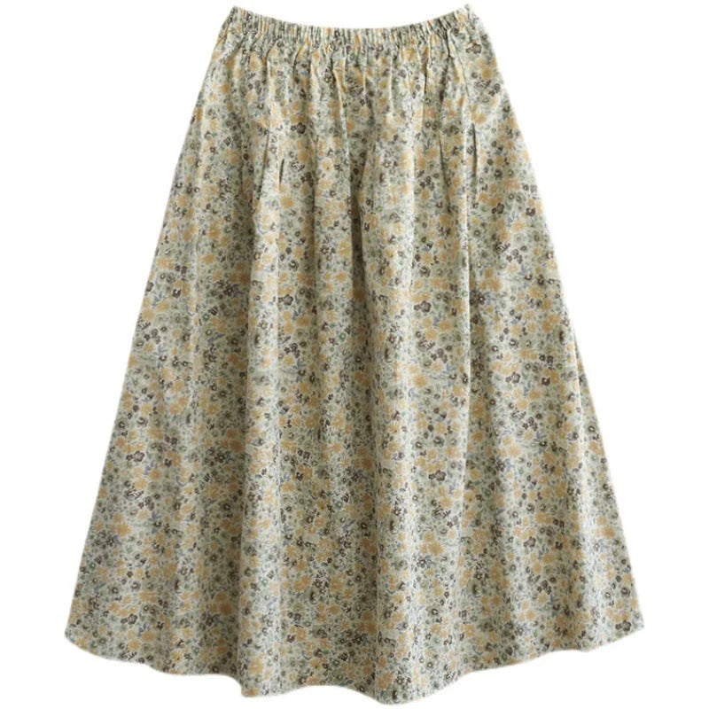 Floral printed cotton skirt in little yellow and blue flowers, urban leisure style