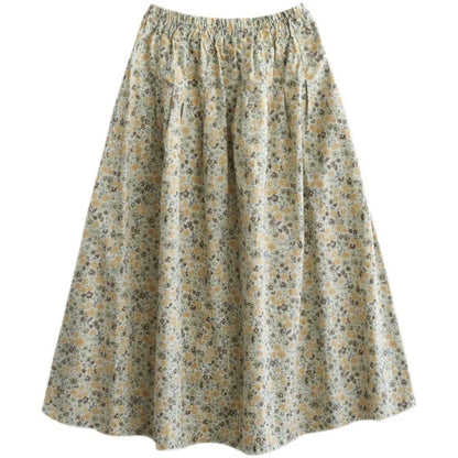 Floral printed cotton skirt in little yellow and blue flowers, urban leisure style