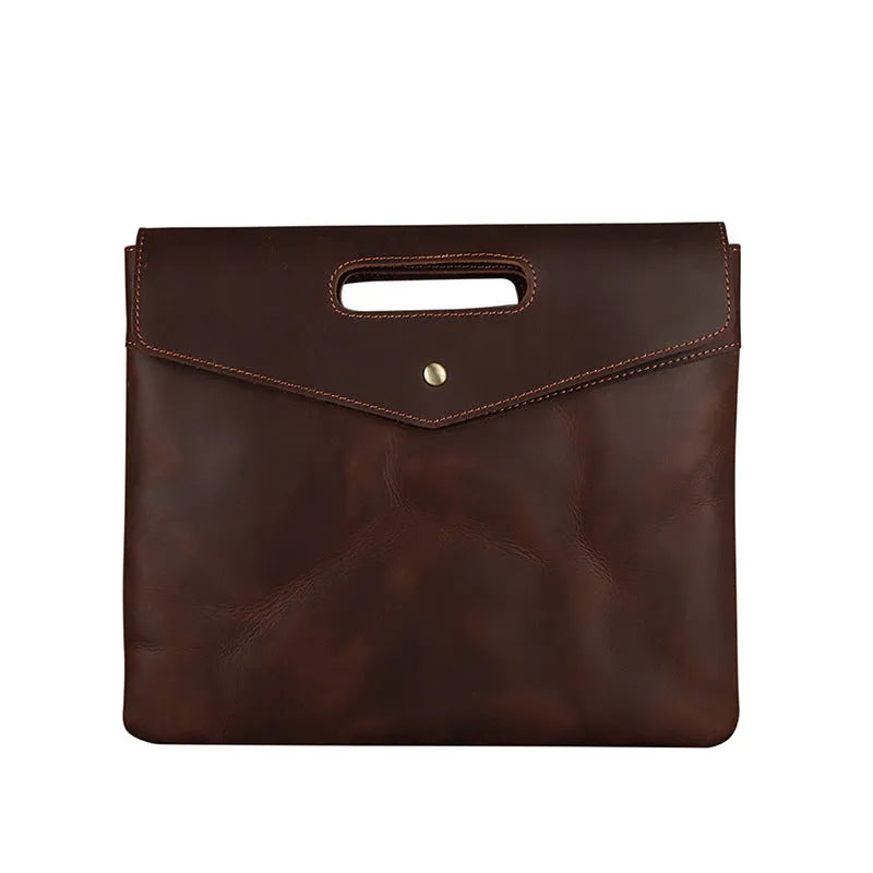 Genuine leather men's vintage business briefcase brown envelope shape wrapped closure soft handle