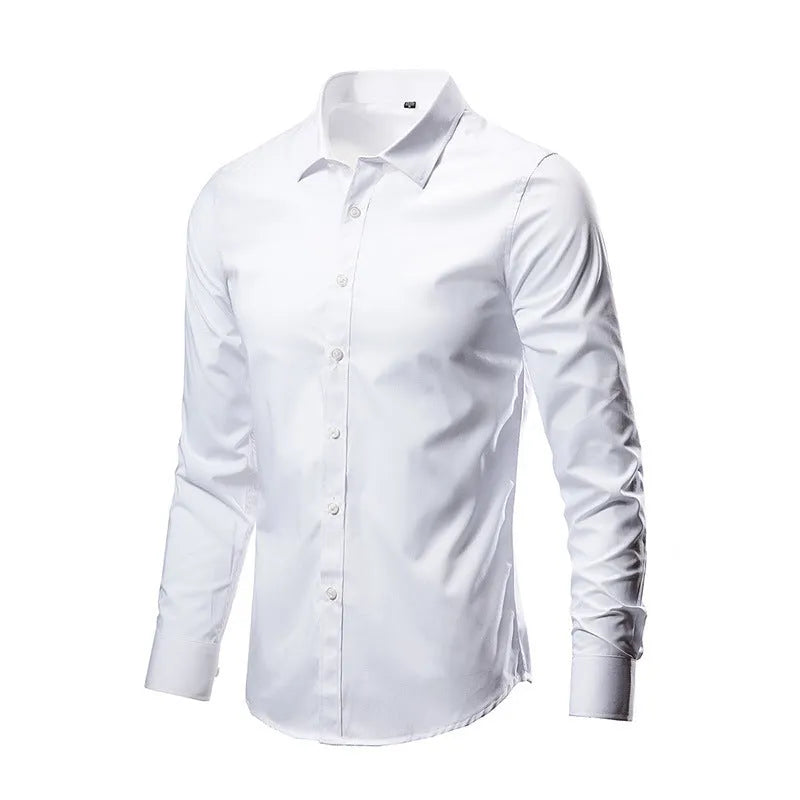 Men's slim fit long sleeve linen shirt in a choice of colours on a hanger.