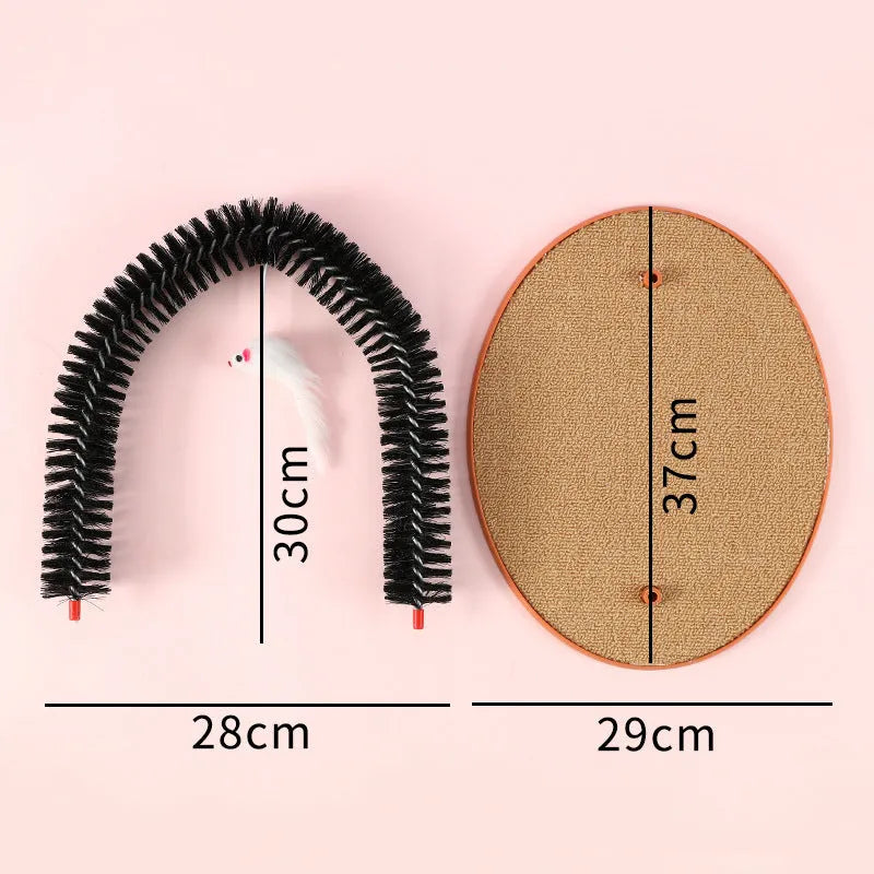 Black arch-shaped cat grooming brush with attached plush mouse toy on non-slip scratching base