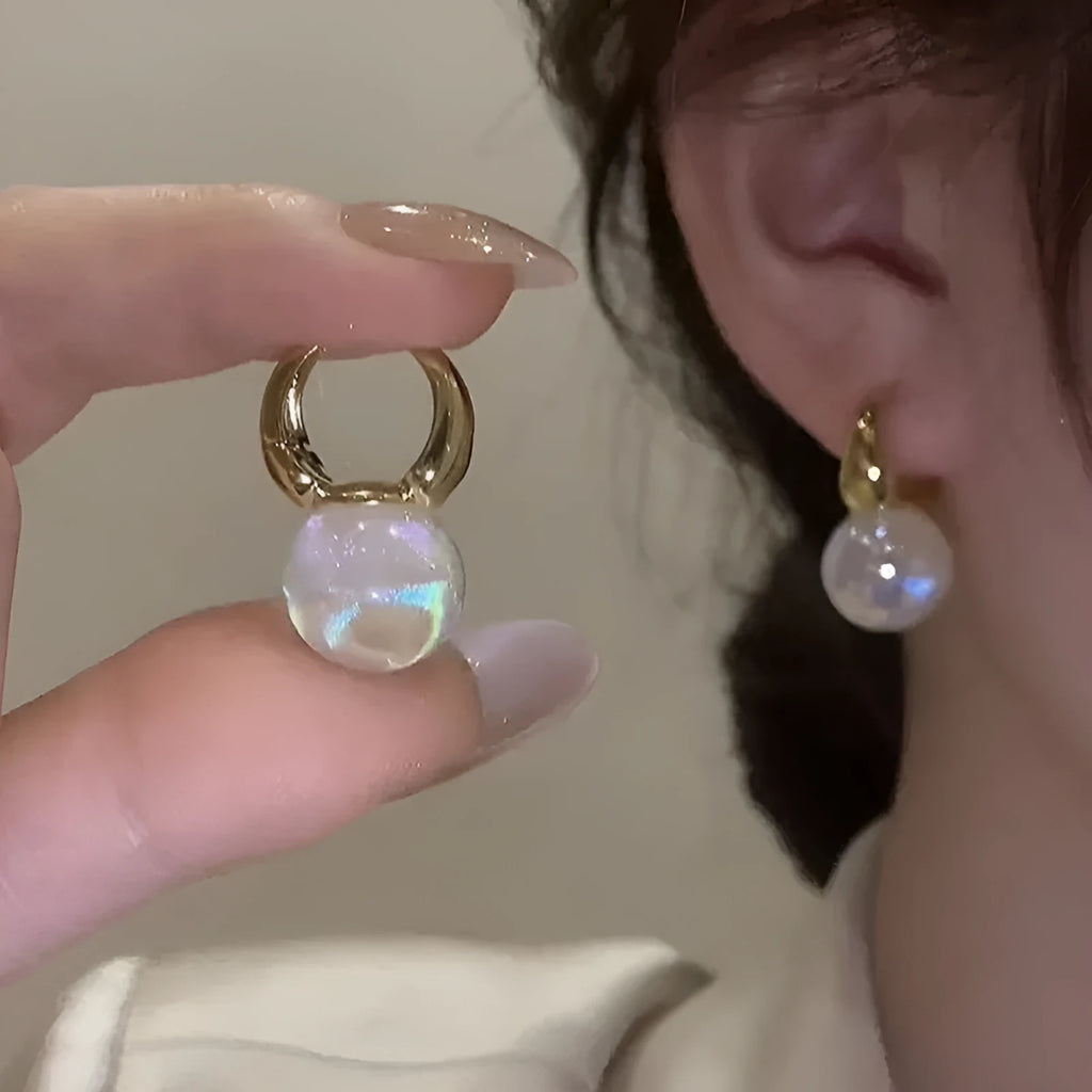 Mermaid pearl earrings for women, 14K gold plated copper U-shaped drop earrings with white pearl accent