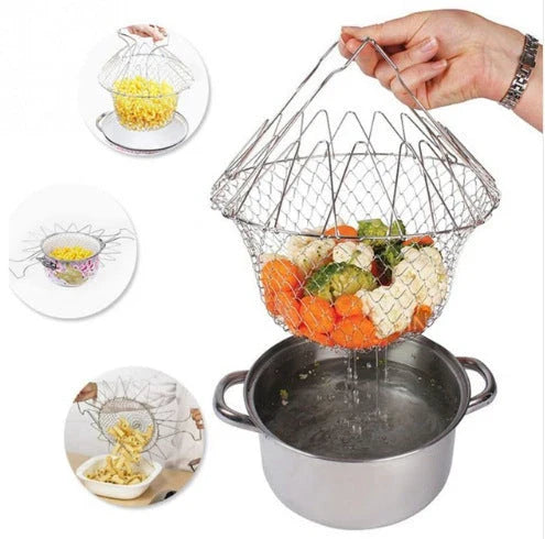 Telescopic stainless steel frying basket with removable thermometer, suitable for gas and induction cooking