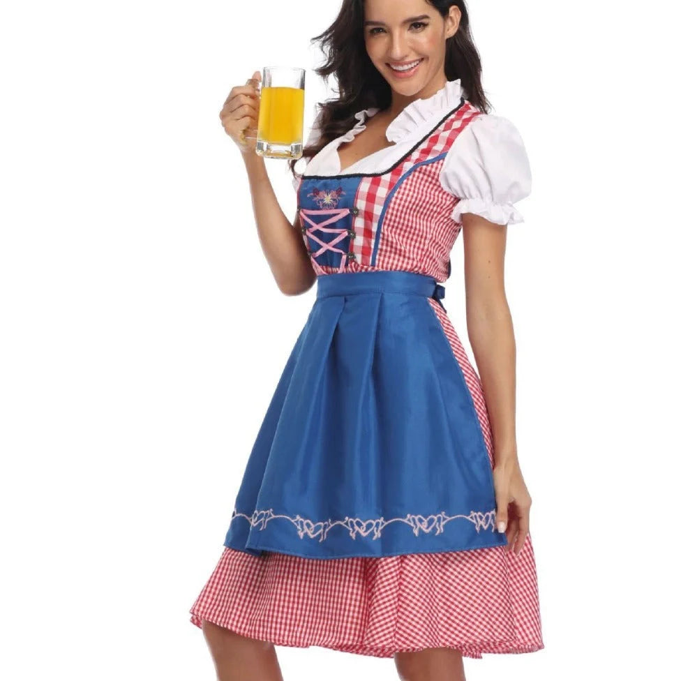 Women's Oktoberfest ethnic dress in red denim with apron and ribbon, sizes S to XXL