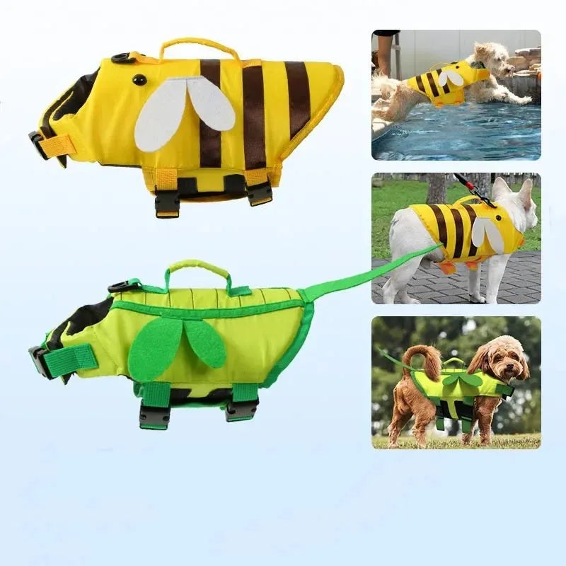 Green dog life jacket with reflective trim and quick-release buckle, shown on a dog model