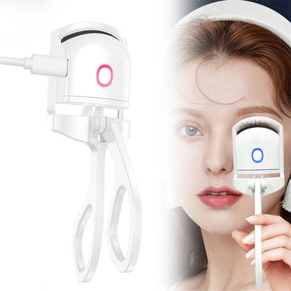 Rechargeable electric heated eyelash curler with temperature control settings, soft silicone pad, and compact, portable design for salon-quality lashes anytime, anywhere