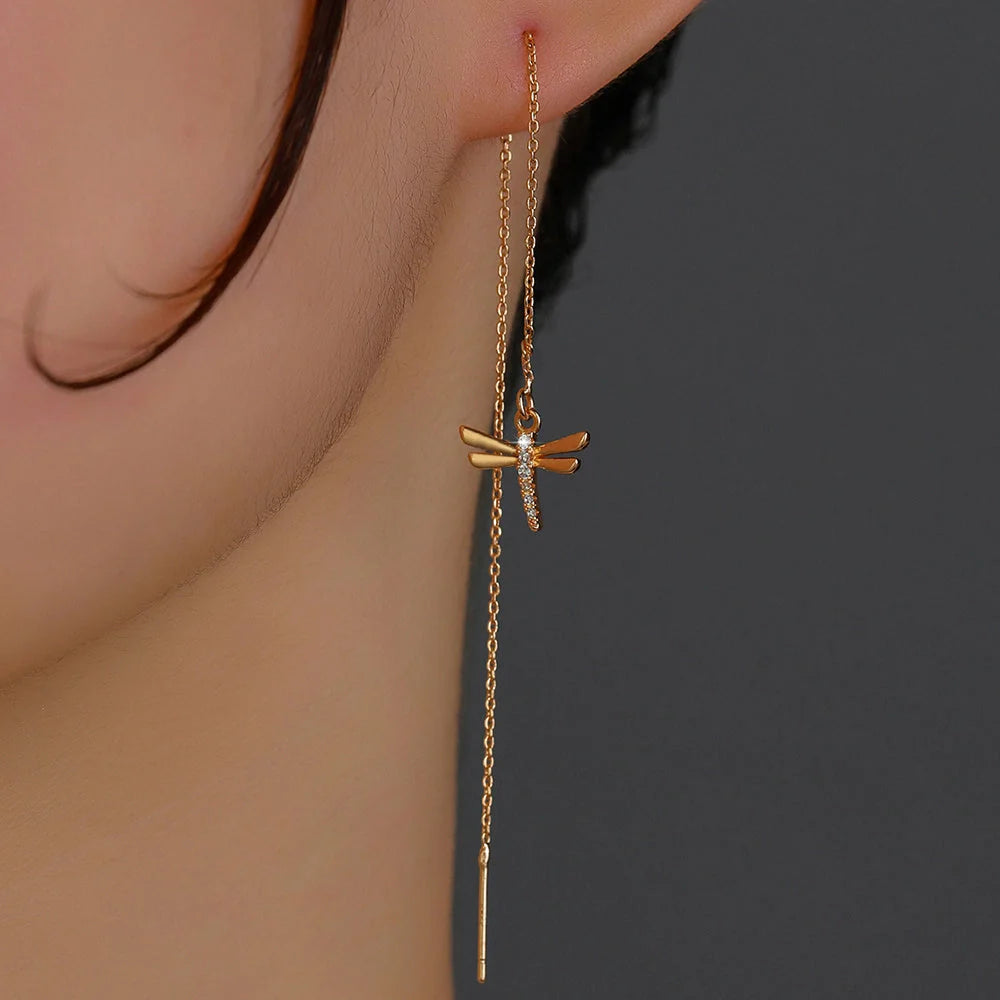 Gold Copper Dragonfly Micro-Set Zircon Long Tassel Ear Wire with detailed design